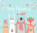 Christmas card with animals, hand drawn style. Woodland characters, rabbit, bear,fox and squirrel