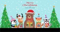 Christmas card with animals holding gift boxs, hand drawn style. Woodland characters, bear, fox, raccoon, hedgehog, penguin and Royalty Free Stock Photo