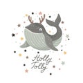 Christmas card with baby shark in deer antlers on white background. Vector illustration.