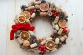 Christmas in a rustic style. Handmade decor. Christmas wreath on the background of old boards. Festive mood.