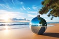 Christmas card with christmas ball looking like earth with beautiful beach background.