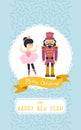 Christmas card with Ballerina and Nutcracker. Cute vector illustration in a hand-drawn Scandinavian style on a blue background. Royalty Free Stock Photo