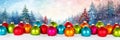 Christmas card with balls baubles and winter forest background banner copyspace copy space decoration Royalty Free Stock Photo