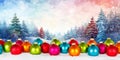 Christmas card with balls baubles and winter forest background panorama copyspace copy space decoration Royalty Free Stock Photo