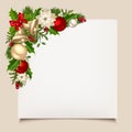 Christmas card with bells, holly, balls and poinsettia. Vector eps-10.
