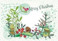 Christmas card with a bird, mistletoe and berries, vector set