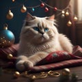 Christmas card of a Birman cat laying on a nice soft blanket, with Christmas decorations