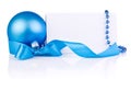 Christmas Card with Blue Ball, ribbon bow, beads Royalty Free Stock Photo