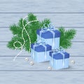 Christmas card with blue gift boxes Royalty Free Stock Photo