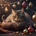 Christmas card of a Bobtail cat laying on a nice soft blanket, with Christmas decorations