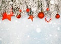 Christmas card border. Winter background with snow and Xmas decorations Royalty Free Stock Photo