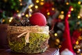 Christmas card. box with balls and cones, Christmas decorations. moss in the decor. space for text Royalty Free Stock Photo