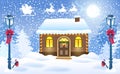 Christmas card with brick house and Santa`s workshop against winter forest background and vintage streetlamps