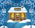 Christmas card with brick house and Santa`s workshop against winter forest background and vintage streetlamps