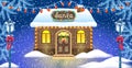 Christmas card with brick house and Santa`s workshop against winter forest background and vintage streetlamps