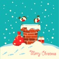 Christmas card with bullfinch birds sitting on the chimney and l