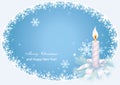 Merry Christmas and  Happy New Year 2023. Christmas background, candle with bow and fir branches on blue oval background Royalty Free Stock Photo