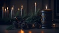 Christmas card with candles, spruce branches and cones on a dark background. AI generation