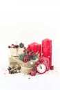 Christmas card with candles, watches, gifts grenades.