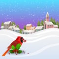 Christmas card with cardinal bird in the foreground with holly branch and berries and in the background a small village.