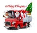 Christmas card with cartoon retro Christmas truck