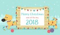 Christmas card with cartoon yellow dog Dachshund and Christmas lights. Royalty Free Stock Photo