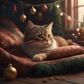 Christmas card of a cat laying on a nice soft blanket, with Christmas decorations