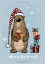 A Christmas card with a cheerful teddy bear with gifts. Vector.