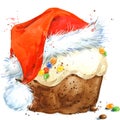 Christmas Card with Christmas cake. Watercolor Christmas cake illustration. Background for New Year invitation card.