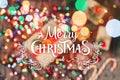 Christmas card. Christmas Cookies Chocolate, gifts, tangerines, candy on blur light background. Xmas and Happy New Year compositio Royalty Free Stock Photo