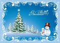 Christmas card 2015 with Christmas tree and snowman Royalty Free Stock Photo