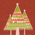 Christmas card with christmas trees decoration on red background