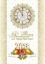 2018 Christmas card with a clock and Christmas decorations Royalty Free Stock Photo