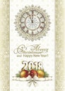 2018 Christmas card with a clock and Christmas decorations Royalty Free Stock Photo