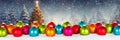 Christmas card with colorful balls baubles tree background banner copyspace copy space decoration winter snow Royalty Free Stock Photo