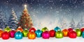 Christmas card with colorful balls baubles tree background copyspace copy space decoration winter panorama snow Royalty Free Stock Photo