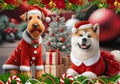 Christmas Card With A Composition Of Cute Dogs In Christmas Clothes, On A Christmas Background