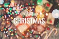 Christmas card. Christmas Cookies Chocolate, gifts, tangerines, candy on blur light background. Xmas and Happy New Year compositio Royalty Free Stock Photo