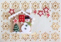 Christmas Card with Copy Space, Decoration made of Snowman with Tree and Stars in a little House Royalty Free Stock Photo