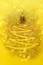 Christmas card with copyspace for your text. Gold glitter background with painted fir-tree. Shiny texture for party. New Year