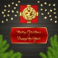 Christmas tree, gift box, bow, garland, label Royalty Free Stock Photo