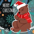 Christmas card with a cute bear and winter elements. Royalty Free Stock Photo