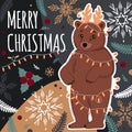 Christmas card with a cute bear and winter elements. Royalty Free Stock Photo