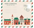 Christmas card with cute buildings and holiday tree. Vector illustration in a modern flat style Royalty Free Stock Photo