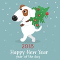 Christmas card with cute cartoon dog with Christmas tree.
