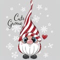 Christmas card Cute Cartoon Gnome on a gray background