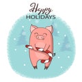 Christmas card with cute cartoon pig with xmas candy cane