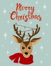 Christmas card with cute deer with garland on the horns. Hand drawn leterring with a wish Merry Christmas