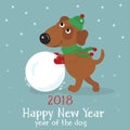 Christmas card with cute dog in hat and scarf with snowball.