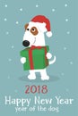 Christmas card with a cute dog in a Santa hat and gifts